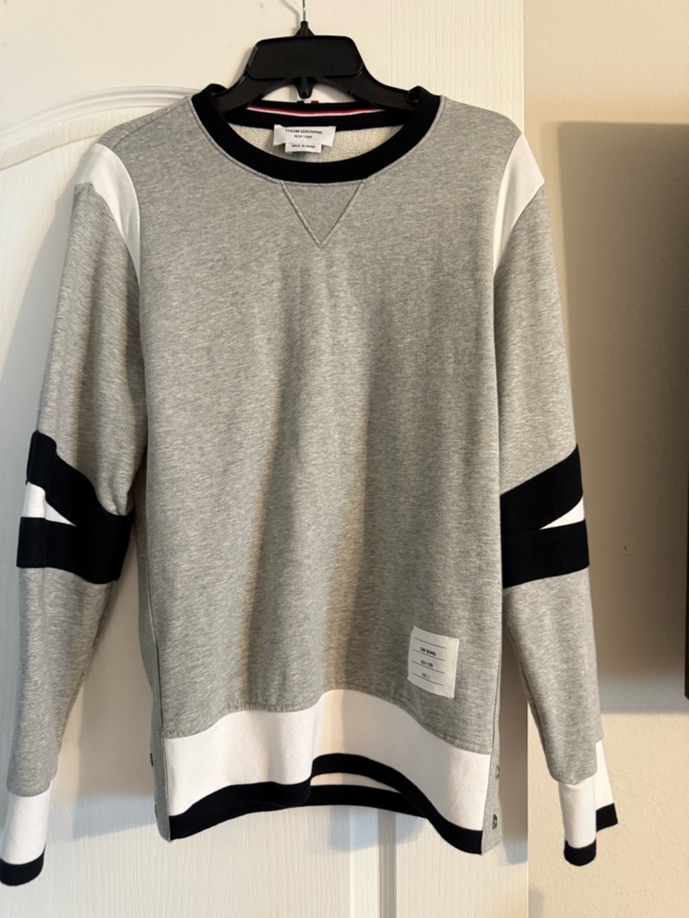 Thom Browne Gray Crewneck Sweater with Black and White Trim